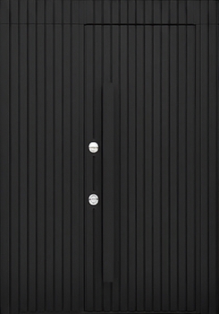 Стальная термодверь с боковым расширением, скрытыми петлями, бугельной ручкой (черный МДФ RAL с рейками) Стальная термодверь с боковым расширением, скрытыми петлями, бугельной ручкой (черный МДФ RAL с рейками)