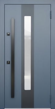 Металлическая термодверь с узким стеклопакетом, вертикальной ручкой и серым полимерным окрашиванием Металлическая термодверь с узким стеклопакетом, вертикальной ручкой и серым полимерным окрашиванием